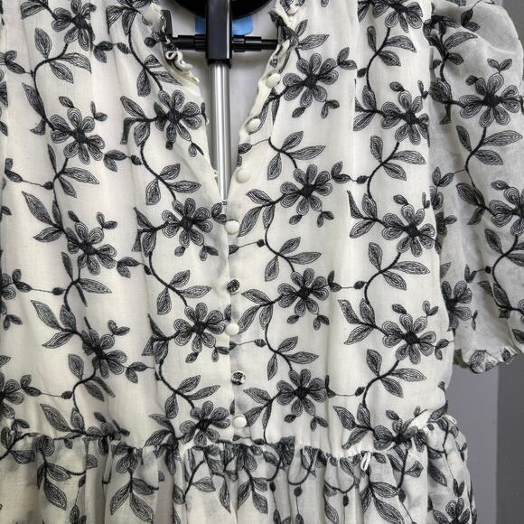 DRAPER JAMES Puff Sleeve Floral Embroidered Mini White Black Scalloped Hem Sz M - Picture 3 of 16